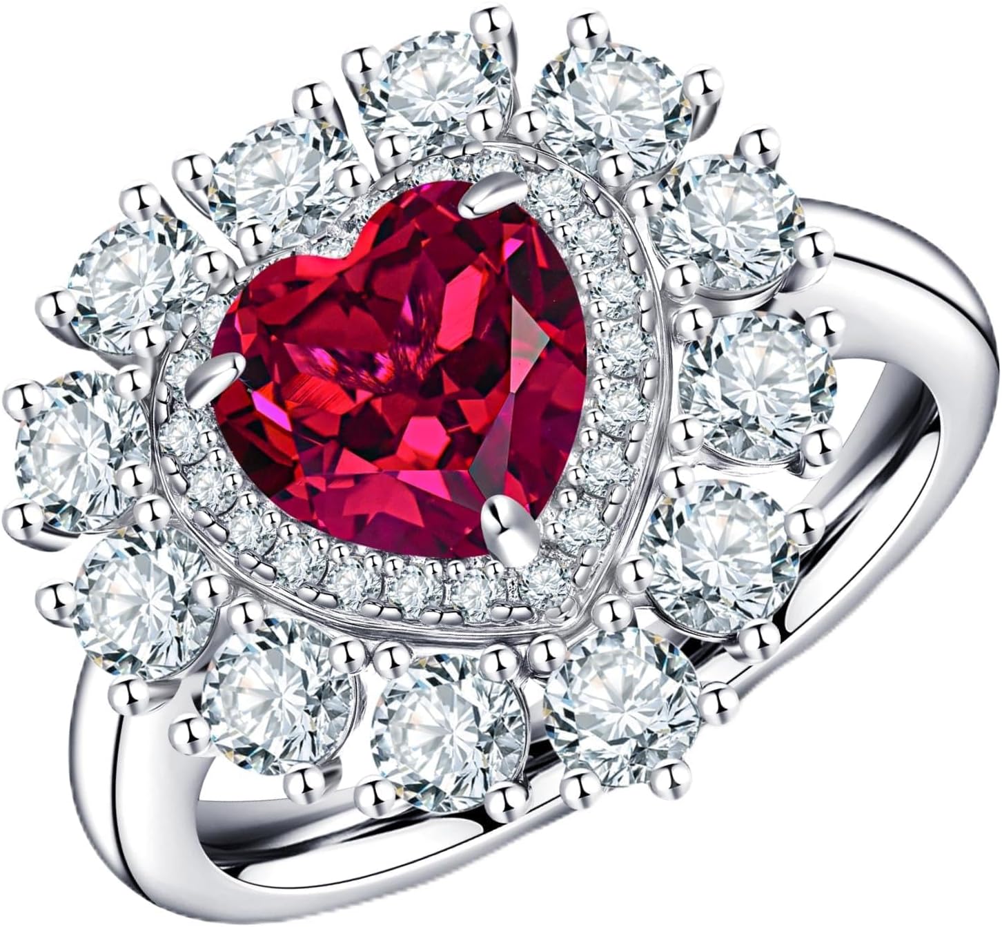 Heart-Shaped Lab-Grown Ruby Ring for Women, D-Color Moissanite Double Halo, 925 Sterling Silver with Thick Rhodium Plating, July Birthstone Statement Anniversary Fine Jewelry Gift for Her, Wife, Mom, Sizes 6–10
