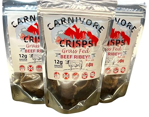 Carnivore Crisps Ribeye de ternera, (3) bolsa de 1.5 onzas, 0.39oz de proteínas por porción, aprobado por la dieta carnívora, aprobado por la dieta