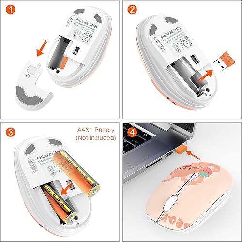 Miniatura 4 de Bonito mouse inalámbrico Bluetooth con receptor USB de 2.4 GHz, clics silenciosos, alimentado por batería AA, duradero, bonito ratón de dibujos