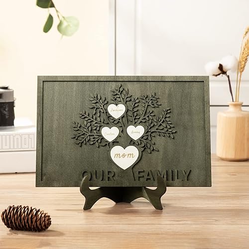 Vista 28 de Árbol genealógico con etiqueta de corazón, placas de madera grabadas personalizadas, regalos personalizados para madres, padres, escritorio, nombres