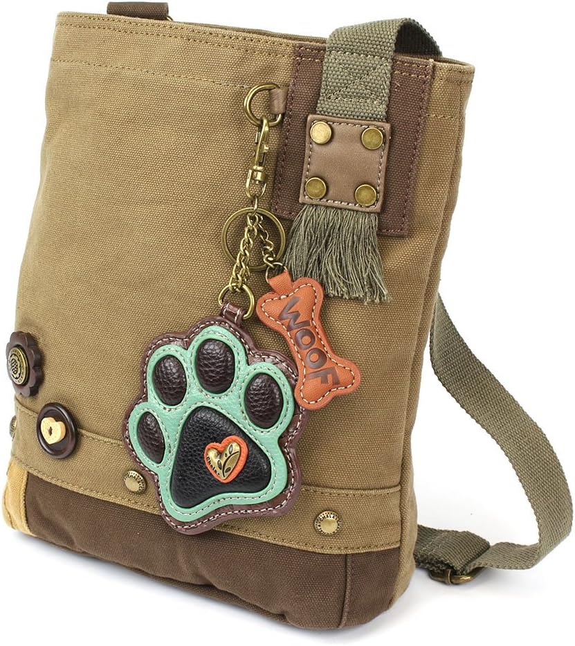 CHALA Patch Cross-Body Women Handbag, Canvas Messenger Bag - Teal Paw Print Olive