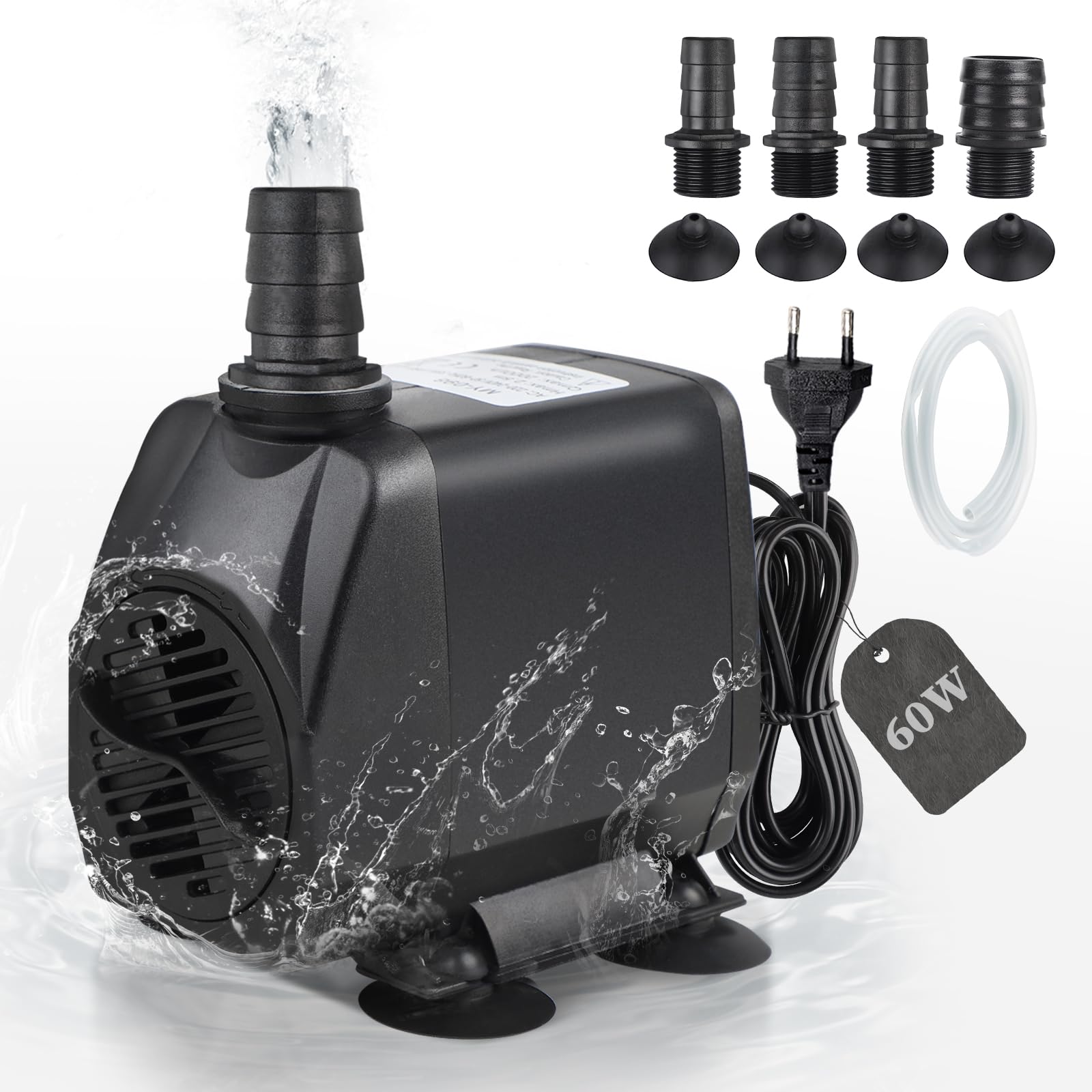 EXLECO Bomba Aguas Acuario max. 3500L/H Bomba Sumergible Aguas Sucias 60W 220V Bomba Fuente Exterior Bomba Estanque Bomba Achique Aguas Pequeña para Jardin Filtración, con 1 Manguera 4 Boquillas