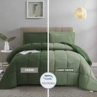 HIG 3pc Reversible Green Queen Comforter Set - Soft Microfiber Down Alternative All-Season Bedding with Box Stitching & Shams