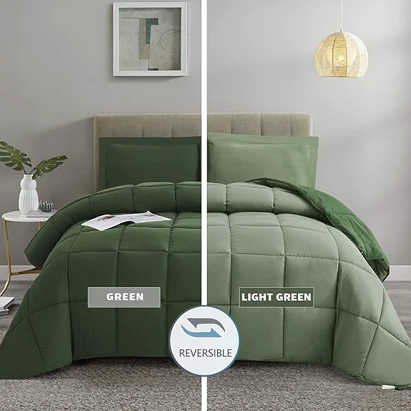 HIG 3pc Green Queen Size Comforter Set - All Season Reversible Down Alternative Bedding Comforter Set - Quilted Duvet Insert with Corner Tabs - Box Stitched Blanket - Breathable, Soft, Fluffy