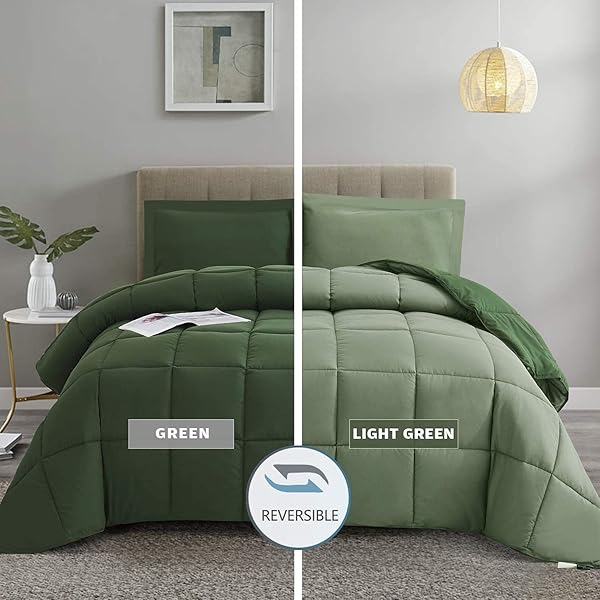 HIG 3pc Green King Size Comforter Set -All Season Reversible Down Alternative Comforter Bedding Comforter -Quilted Duvet Insert with Corner Tabs - Box Stitched Blanket - Breathable, Soft, Fluffy