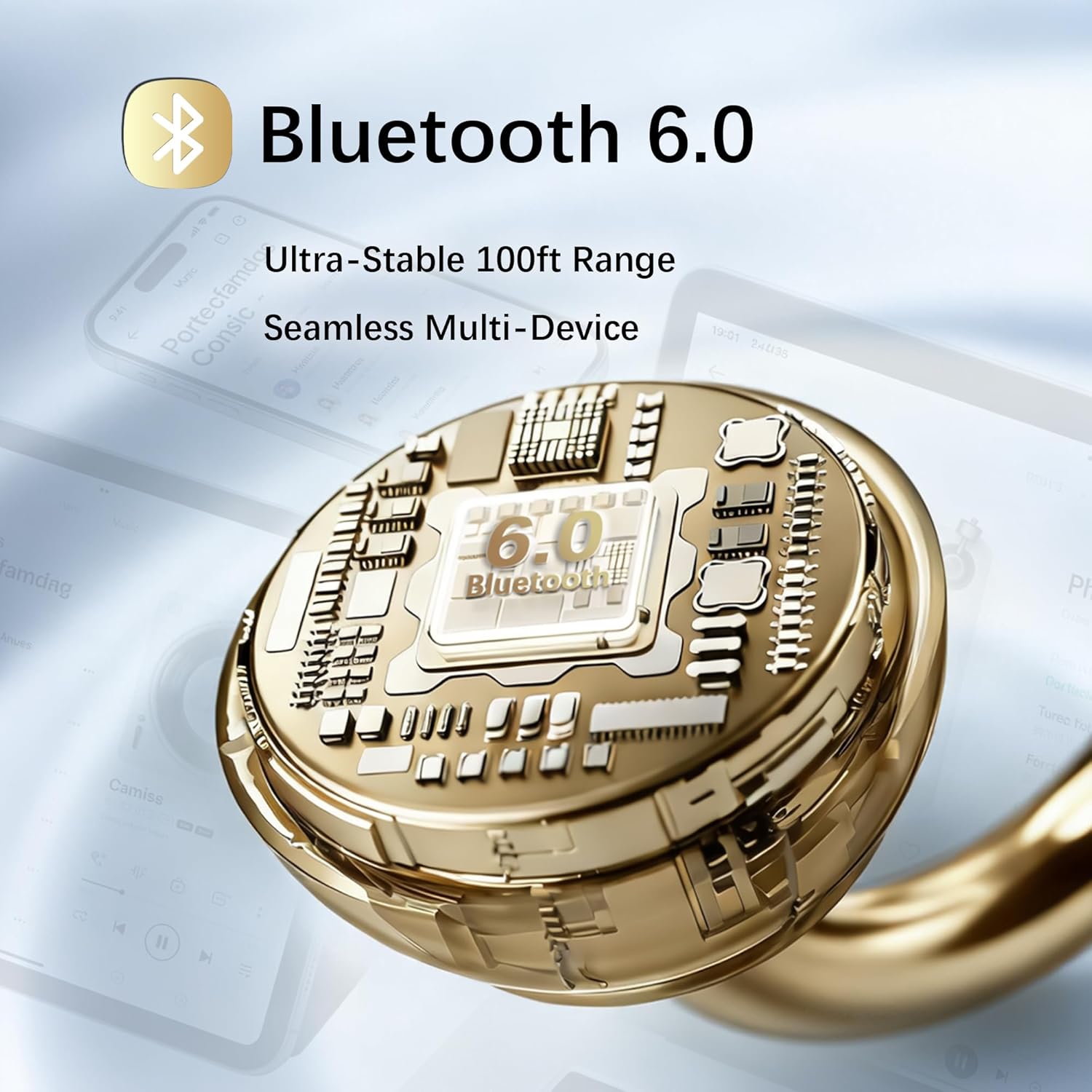 Ultra Open Ear Earbuds Removable Washable Case Wireless Clip On Headphones Powerful Sound 56H Play Bluetooth 6.0 Dual Device Sync AI Clear Calls Waterproof for Sports Work Gold