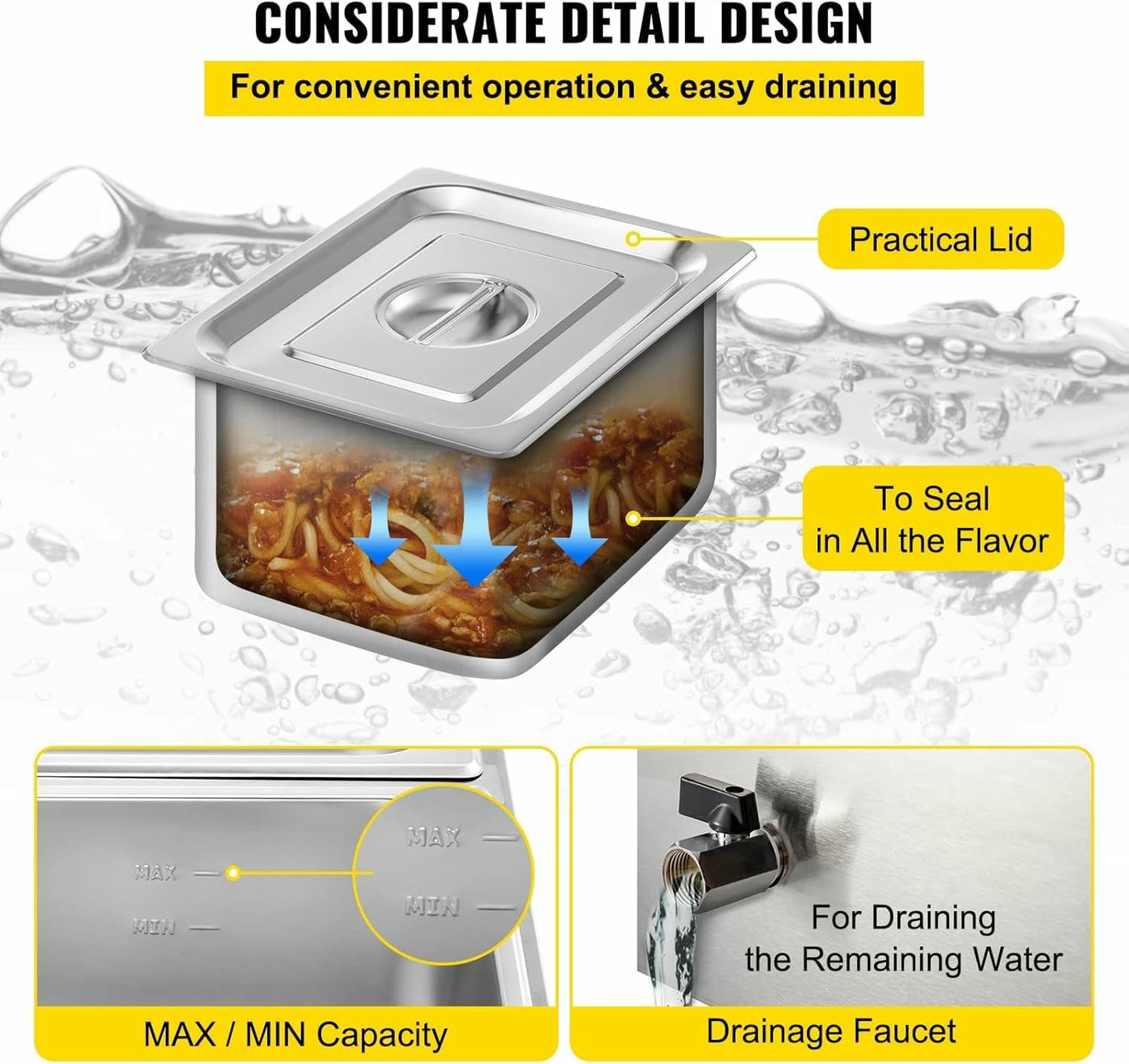 Calentador de plataforma profesional - Mesa de vapor eléctrica de 850 W y 34 litros con 4 contenedores para restaurantes y servicios de catering - Buffet profesional de acero inoxidable con cuello