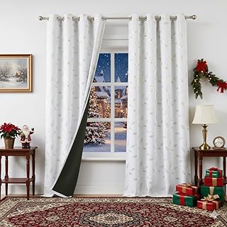 Bujasso Gold White Full Blackout Curtains Print Golden Leaf Patterned Ro...