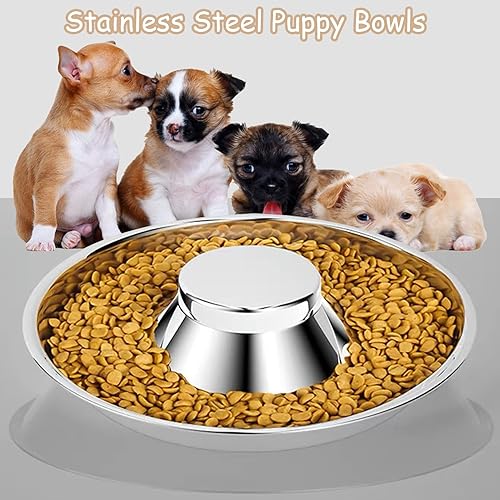 Miniatura 2 de Fhiny Paquete de 2 cuencos de acero inoxidable para cachorros, plato de alimentación para destete de mascotas con cuchara para camadas, mascotas,