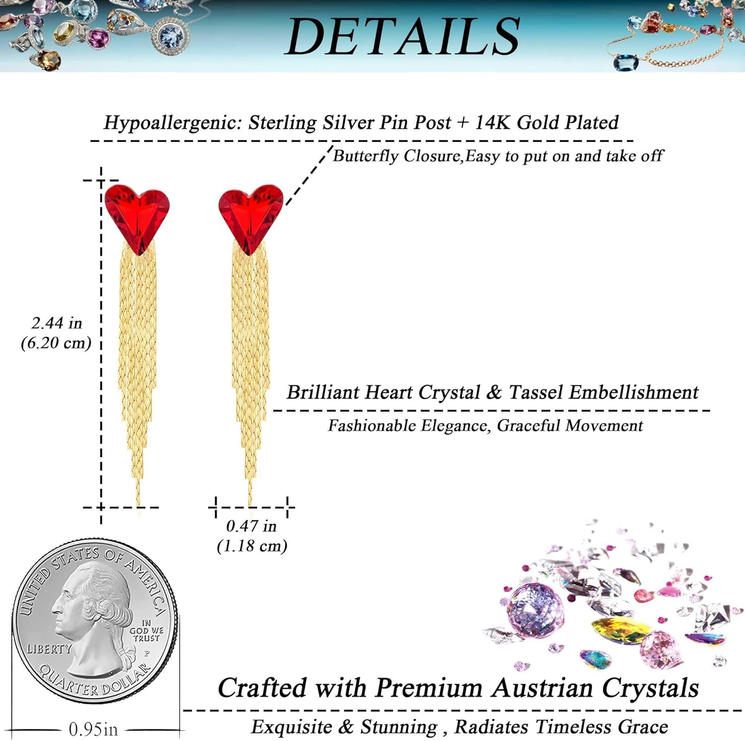 Austrian Crystal Heart Dangle Earrings Gold Tassel Earrings for Women 14K Gold Plated Hypoallergenic Trendy Jewelry Gift - Image 4