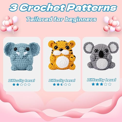 Miniatura 4 de Kit de ganchillo para adultos principiantes, kits de tejido de animales lindos (koala, tigre, elefante) con tutoriales en video paso a paso, juego