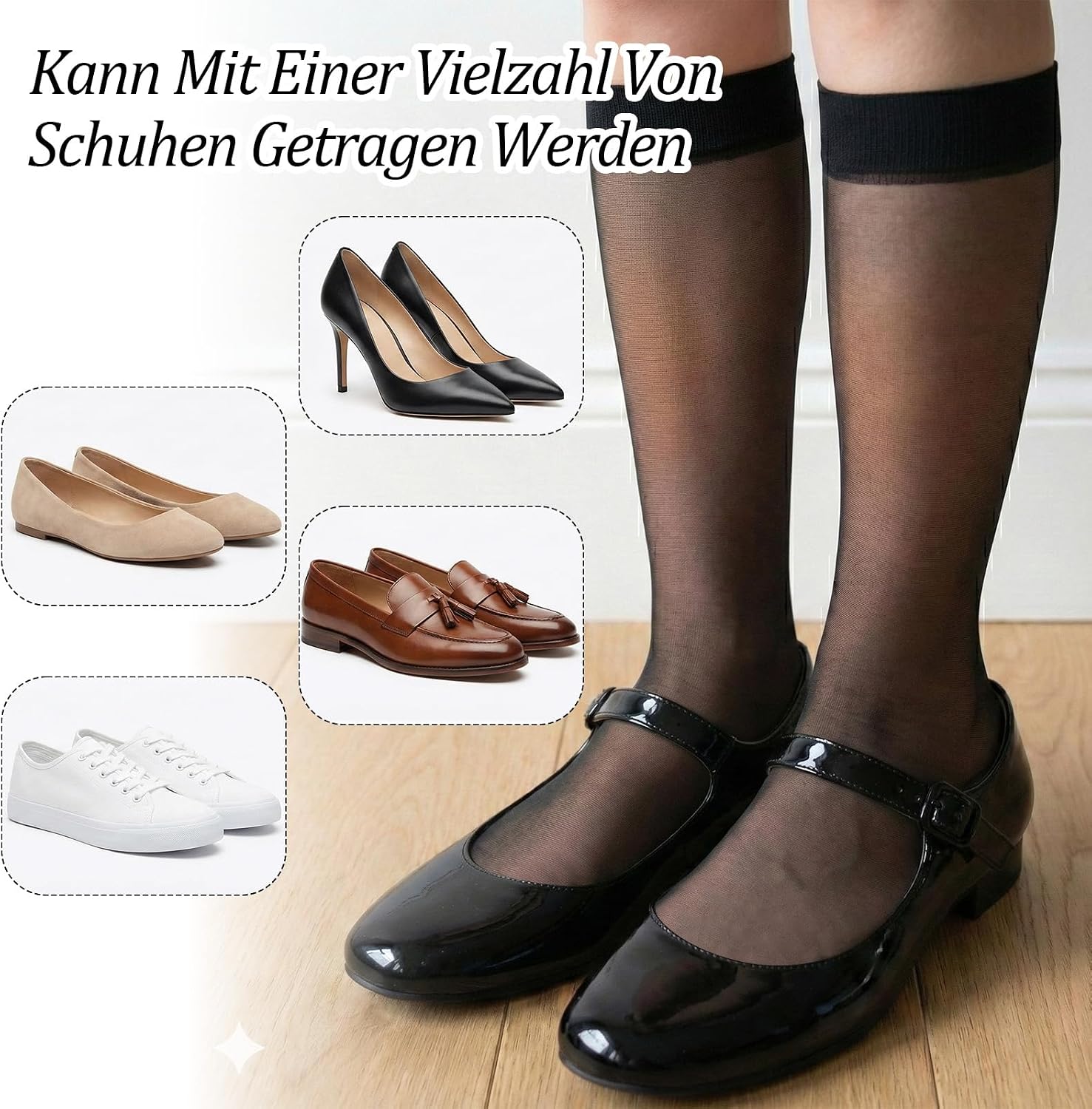 JJUNW 6 Pairs Knee High Stockings for Women, 15 Denier Sheer Nylon Socks Knee Highs Trouser Socks