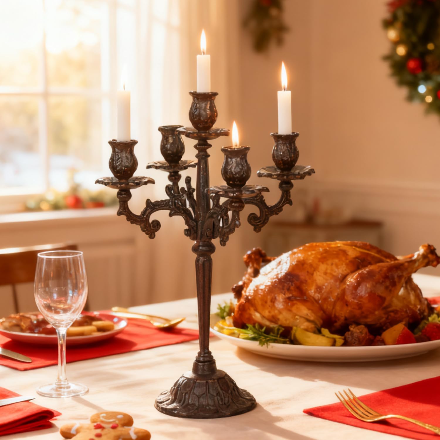 Sungmor Heavy Duty Cast Iron Candlestick Holders - Handcrafted Vintage Candelabra - 17Inch Tall & 5 Arms Candle Holders - Decorative Pillar Candle Stand for Christmas Birthday Wedding Home Party - Image 3