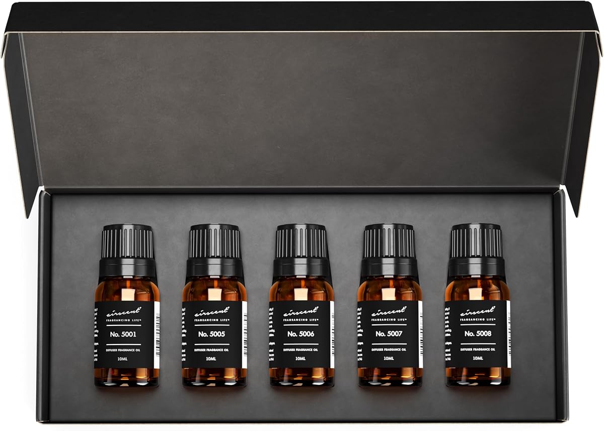 AirScent Perfume Dupe Juego de regalo de aceite aromático – Aromas de lujo 0.3 fl oz, paquete de 5 | Conjunto de muestras de aceite difusor - Inspirado en Bac. Rouge, TF Oud Wood, TF Ombre Leather, TF Fabulous y TF Tobacco Vanille