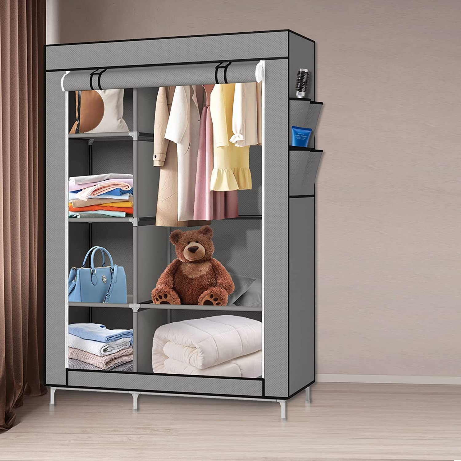 LANTUS Armoire de Rangement Pliable– Penderie Dressing Textile en Tissu Intissé avec Fermeture à Glissière – Garde-Robe Placard Camping(105 * 45 * 170cm-gris foncé)