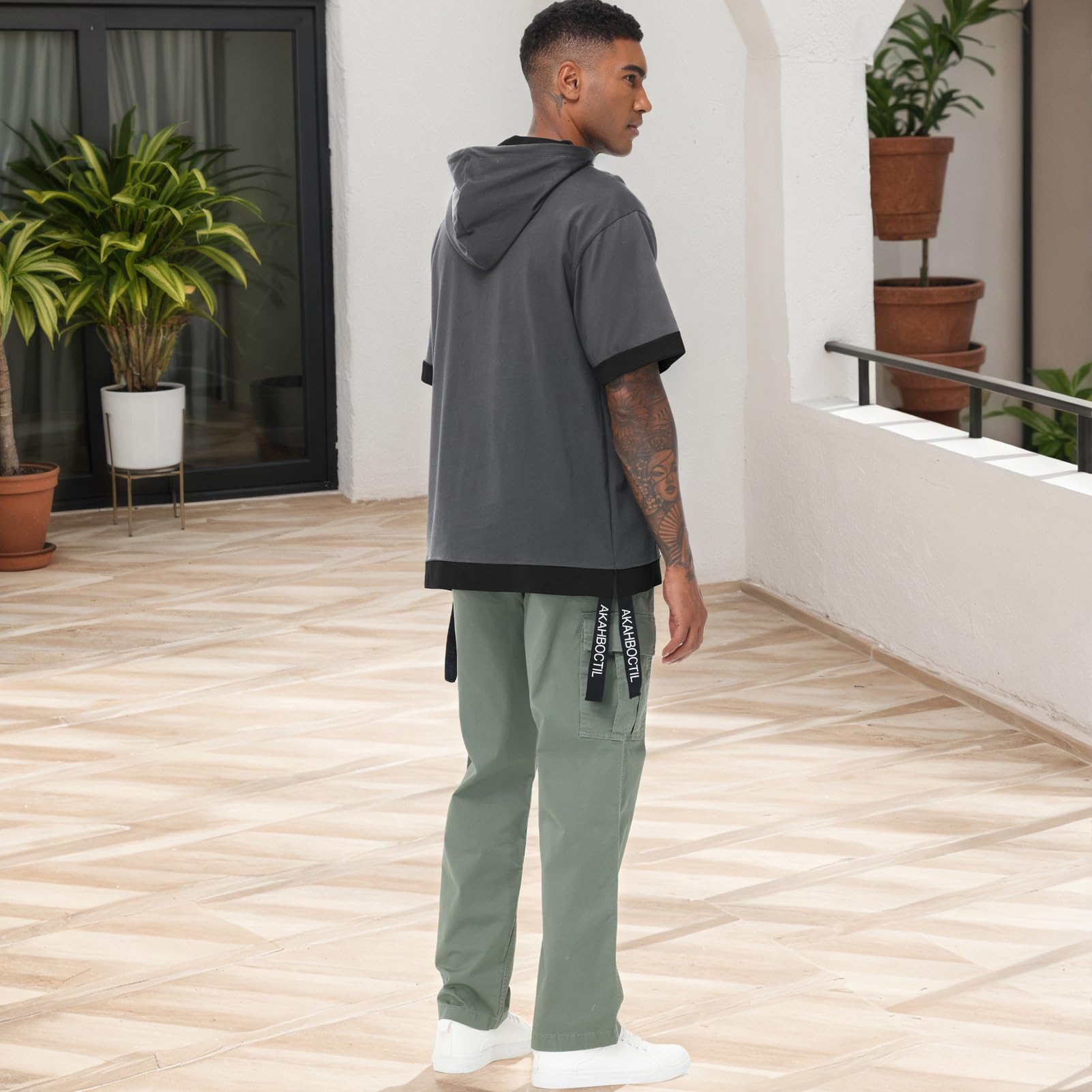 Sweat Manche Courte Homme Coton Tee Shirt à Capuche Color Block Pull à Capuche L'été Hoodie Sweatshirt