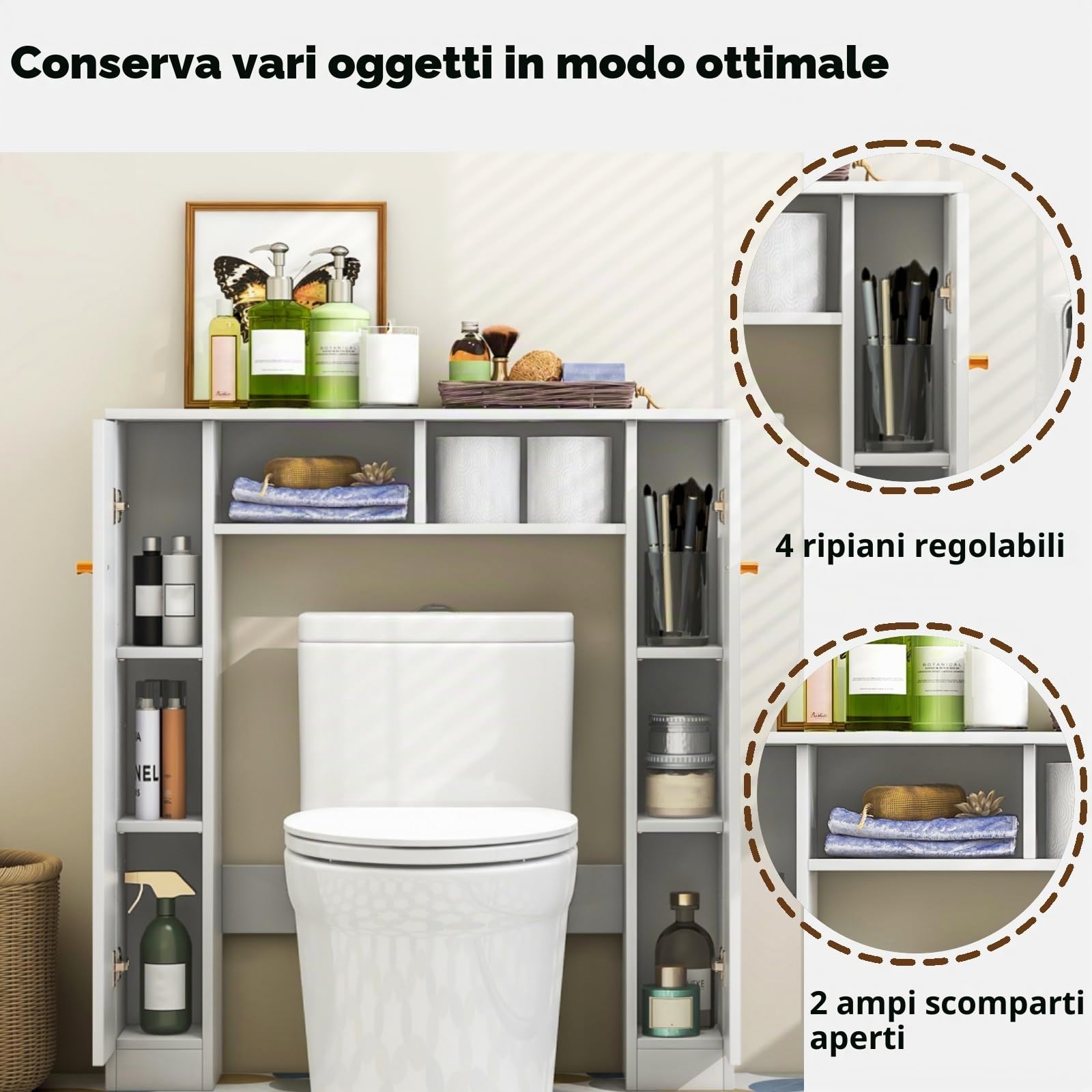 LIFEZEAL Mobile Bagno Sopra WC, Scaffale sopra Toilette con 2 Aante e Scomparti Aperti, Mobiletto per Lavatrice da Terra, 87,5 x 18 x 98 cm, Stabile e Antidumping Moderno (bianco)
