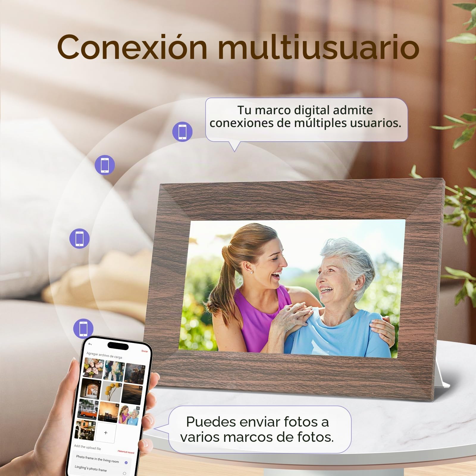 Marco de Fotos Digital, WiFi Marco Digital 7 Pulgadas, HD IPS Pantalla Táctil, Memoria Integrada de 32 GB, Rotación Automática, Comparte Fotos y Vídeos al Instante Via App, Opción para Regalo