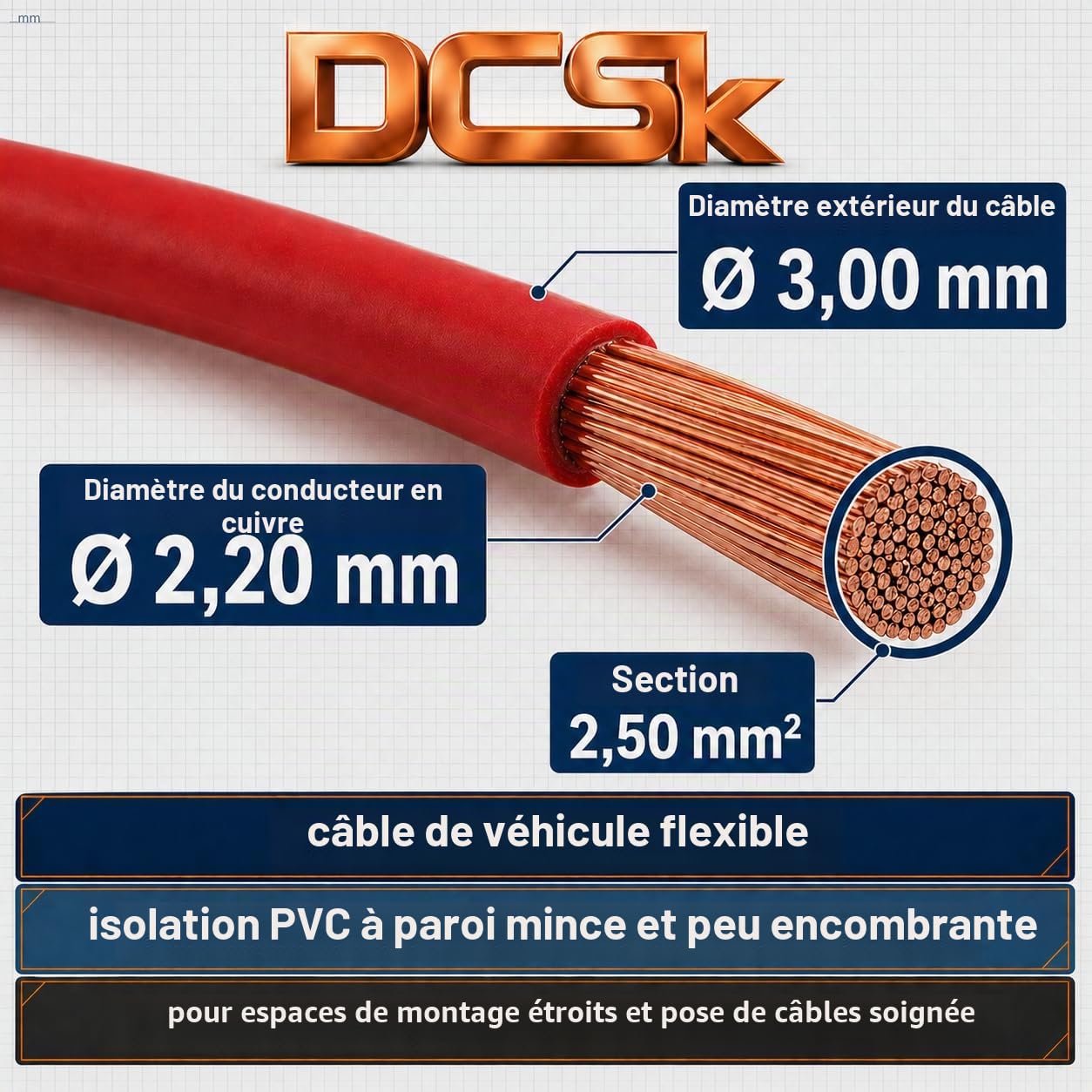 DCSk -2,5mm² - 10m Câble Électrique Unipolaire pour Application Automobile - Véhicule, Voiture, Moto - Type FLRY B Asymétrique 2 5mm2 - Lot de 2 Couleurs (Rouge/Noir) - Longueur de fil 10 m