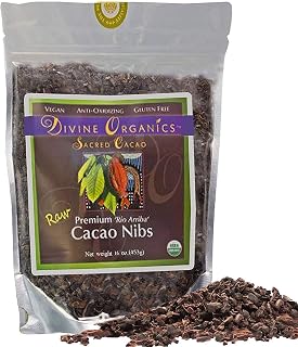 Divine Organics Raw Cacao/Cocoa Nibs - Certified Organic - Premium Rio Arriba - Smoothies, Baking, Snacks, Salads, Trail Mixes - Chocolate Chips Substitute - Rich in Magnesium (16oz)