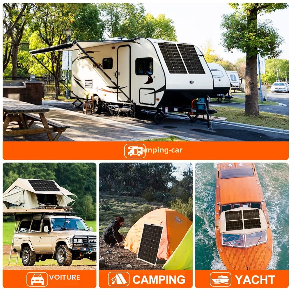 DOKIO Panneau Solaire Souple 100W 12V Monocristallin Semi-Flexible | pour Camping-Car, Camper, Van, Bateaux et Autres Surfaces Inégales
