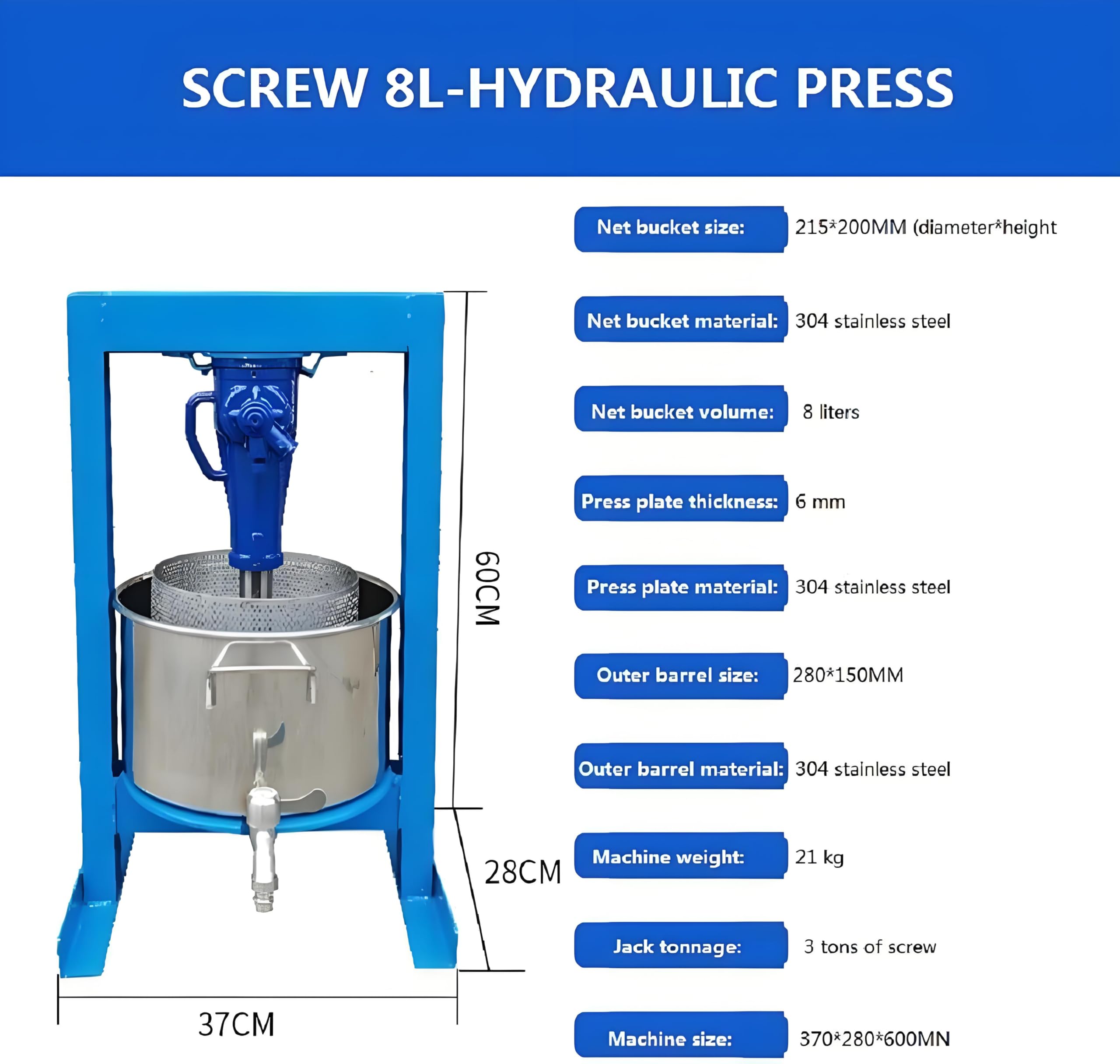 Hydraulische Fruchtpresse, 2,1 Gallonen, 2 Tonnen, Edelstahl, Apfelwein Saftbereiter für Äpfel, Trauben