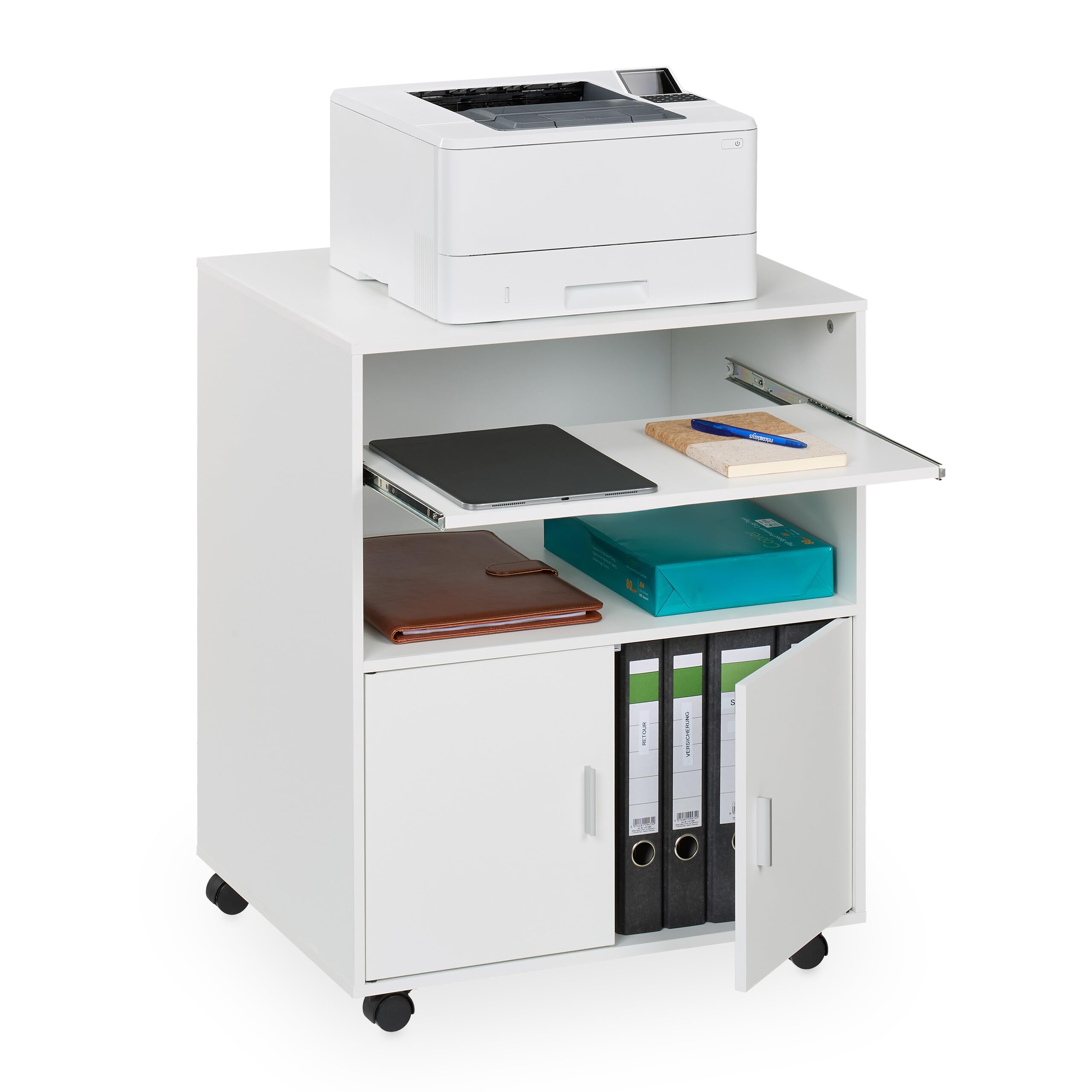 Caisson De Rangement Bureau à Roulettes, 3 Tiroirs + 2 Compartiments - 66x80x40 Cm, Blanc, Verrouillable