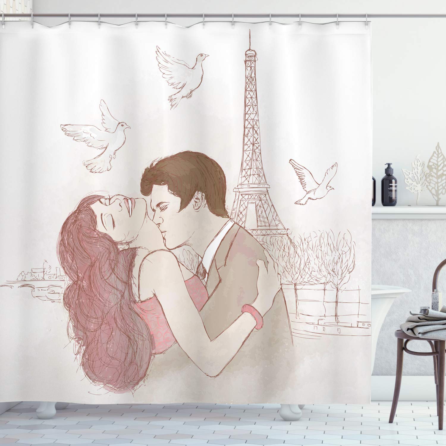 ABAKUHAUS Kiss Shower Curtain, Romantic Man and Woman in Front of Eiffel Tower Flying White Birds Love Passion, Cloth Fabric Bathroom Decor Set with Hooks, 94 Inches, Dried Rose Beige