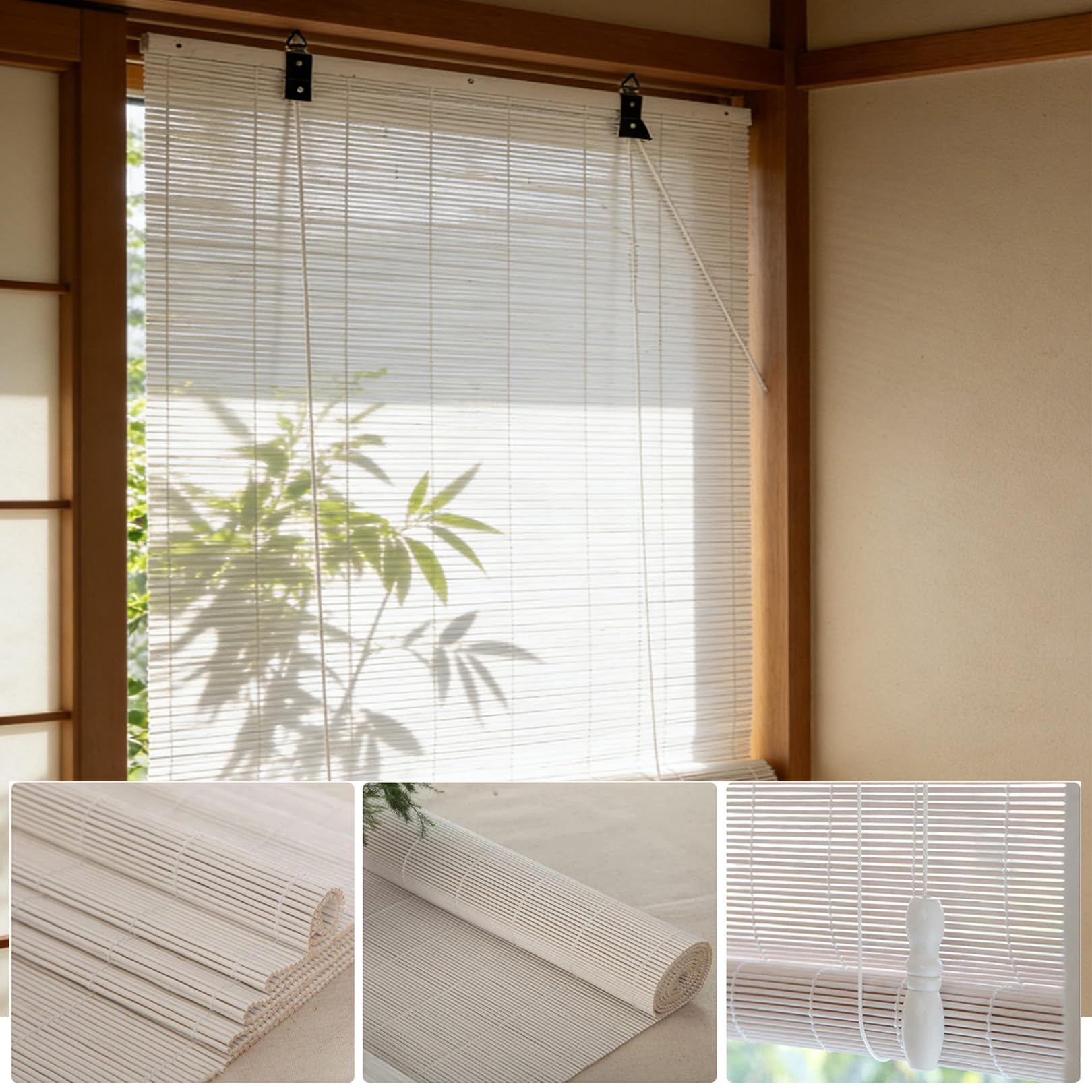 110x110cm Store Enrouleur Occultant en Bambou Blanc,Protection UV | Naturel Respirant Store Filtrant la lumière pour fenêtre Balcon,Rideau de séparation pour Salon Bureau Salle de thé