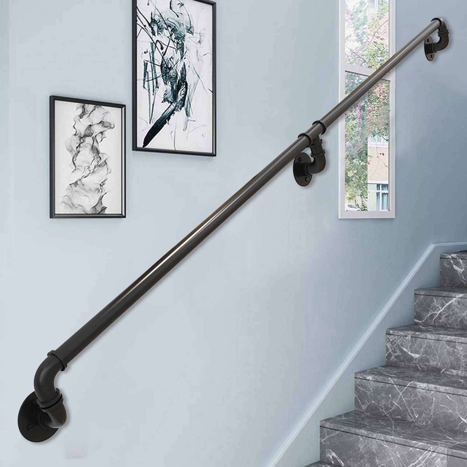 Rampe d'escalier fixée au mur main courante tube noir 1.5m support fer forgé