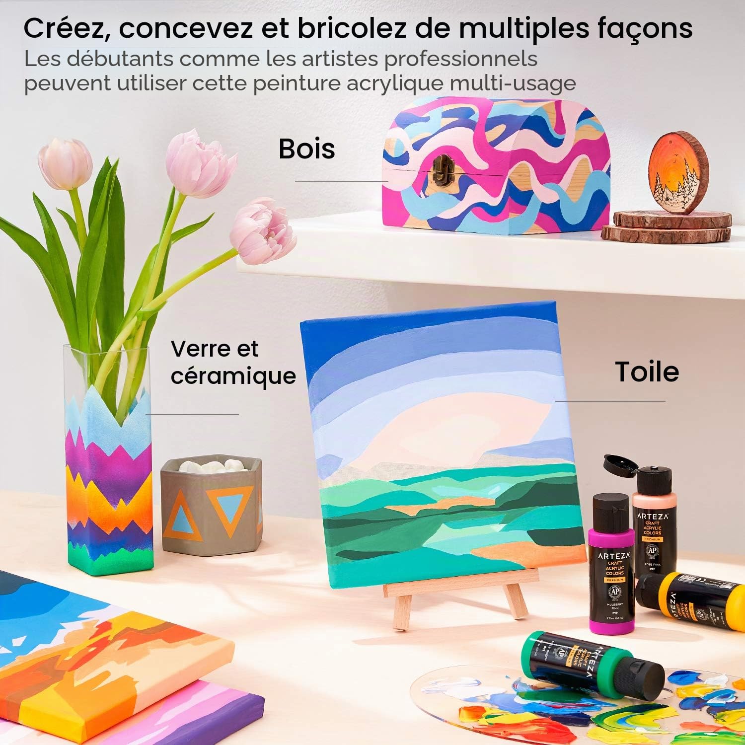 ARTEZA Set de peinture acrylique artisanale, 20 teintes vintage, bouteilles de 60 ml, à base d'eau, finition mate, set d'acrylique mate pour des projets d'art et de bricolage sur toute surface