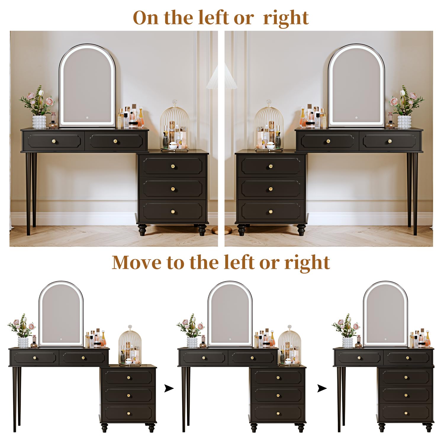 Escritorio negro con espejo y luces, tocador de maquillaje con toma de corriente y gabinete ajustable, mesa de maquillaje moderna con 3 cajones para dormitorio sala de maquillaje 4