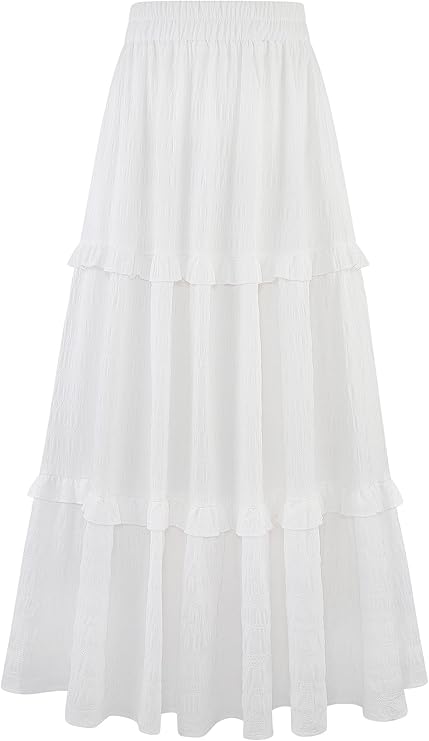 Gracyoga Maxi Skirts for Women Casual Elegant High Waisted A Line Flowy Ruffle Tiered Long Skirt with Pockets