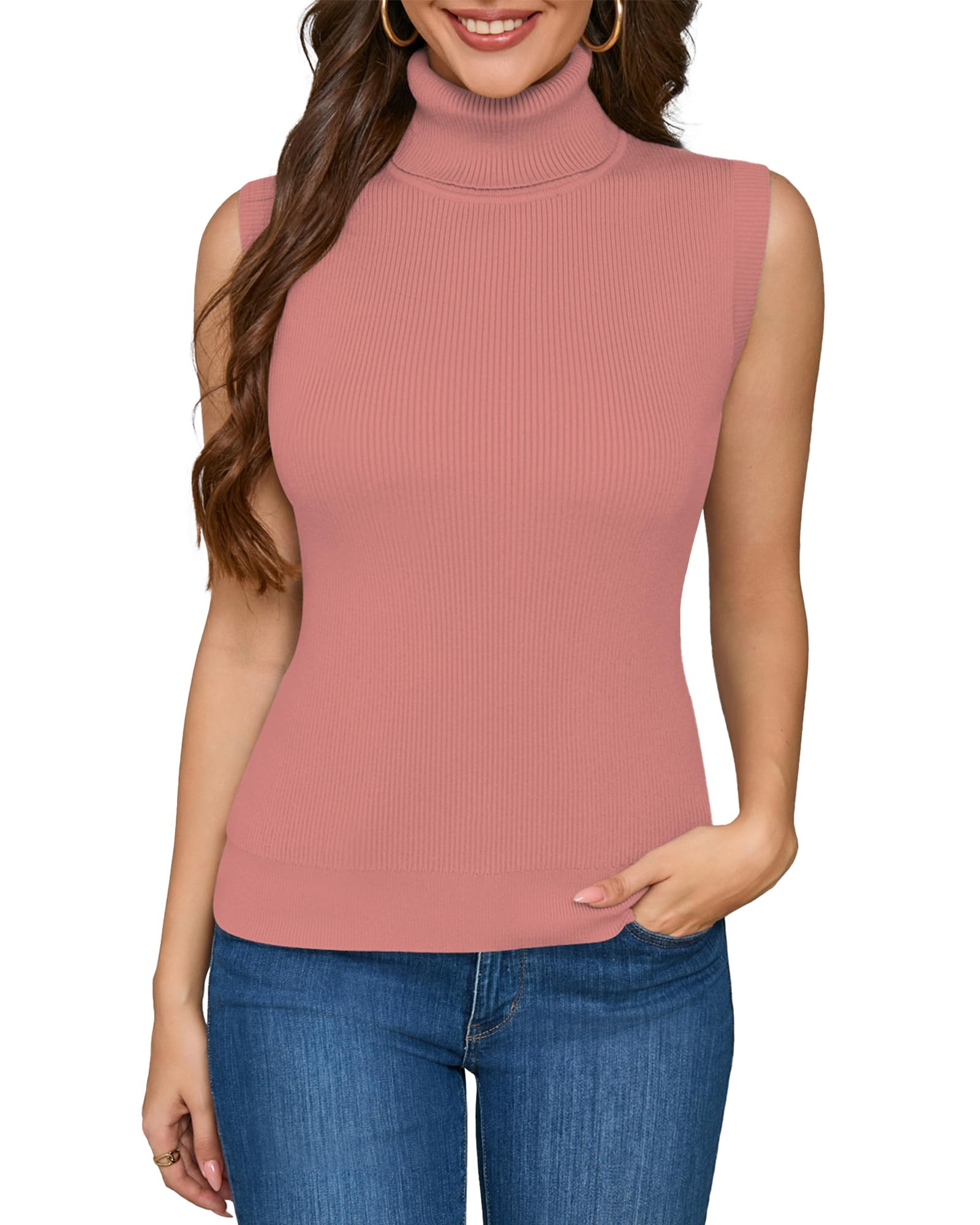 ALFYRCFT Sleeveless Turtlenecks for Women Mock Turtle Neck Ribbed Knit Pullover Sweater Vest Tank Tops Casual Stretchy 2025, Pink, L