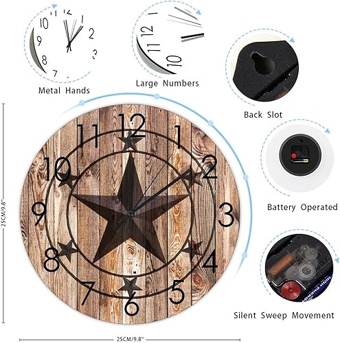 Miniatura 2 de Reloj de pared redondo rústico con estrella de Texas, funciona con pilas, sin tictac, silencioso para colgar en la pared, reloj de madera, vintage,
