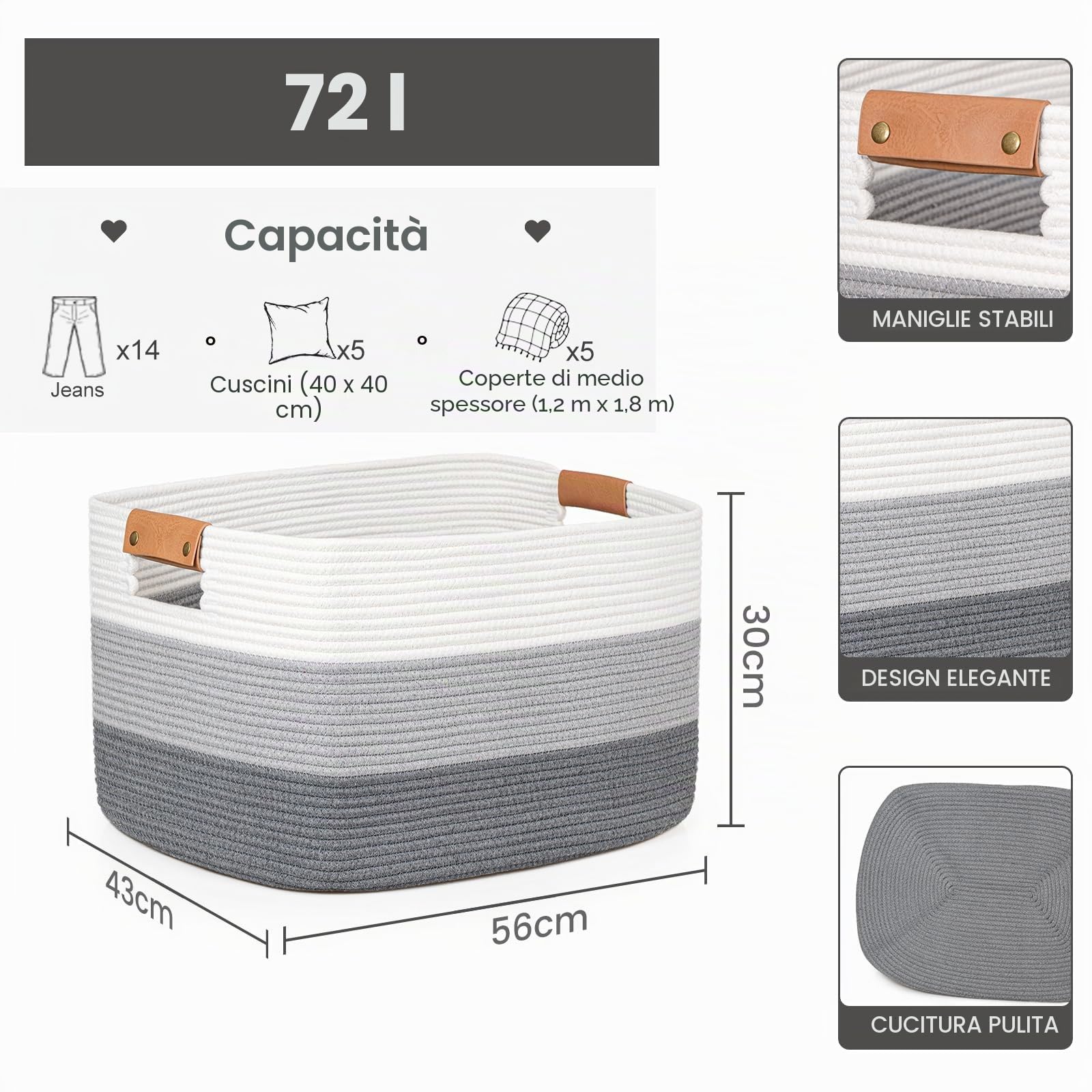 danpinera 72L Cesto Rettangolare Extra Large in Corda di Cotone,Cesto Biancheria per Coperte, Cuscini in Vimini, Portaoggetti Morbido per Bambini e Giocattoli, 43 * 55 * 29cm Bianco con grigio