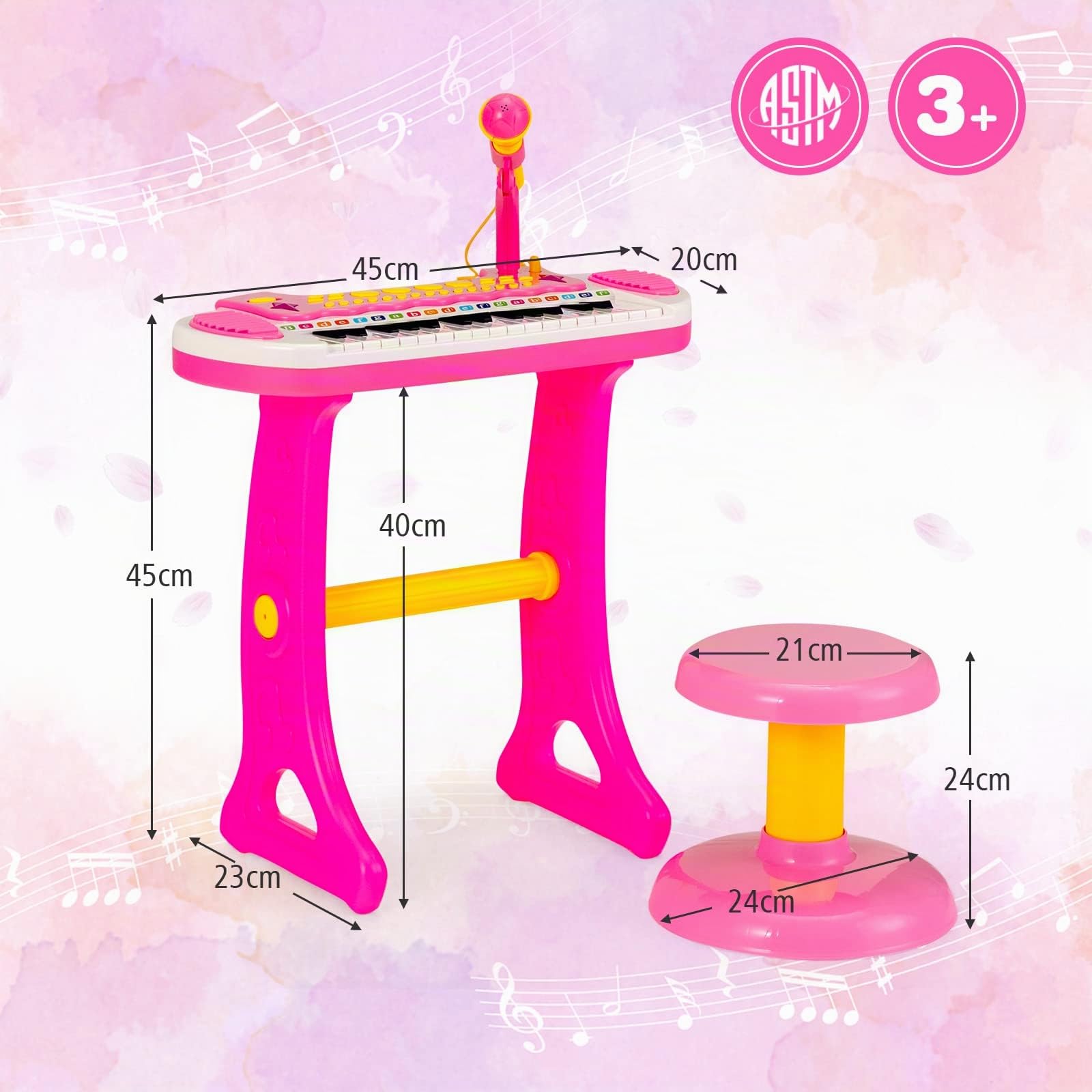 KOMFOTTEU Juego de Teclado de 31 Teclas para Niños, Piano Infantil con Efectos de Luz de Sonido y Micrófono, Juguete de Piano Electrónico con Taburete, Teclado para Niños 3 + (Rosa)