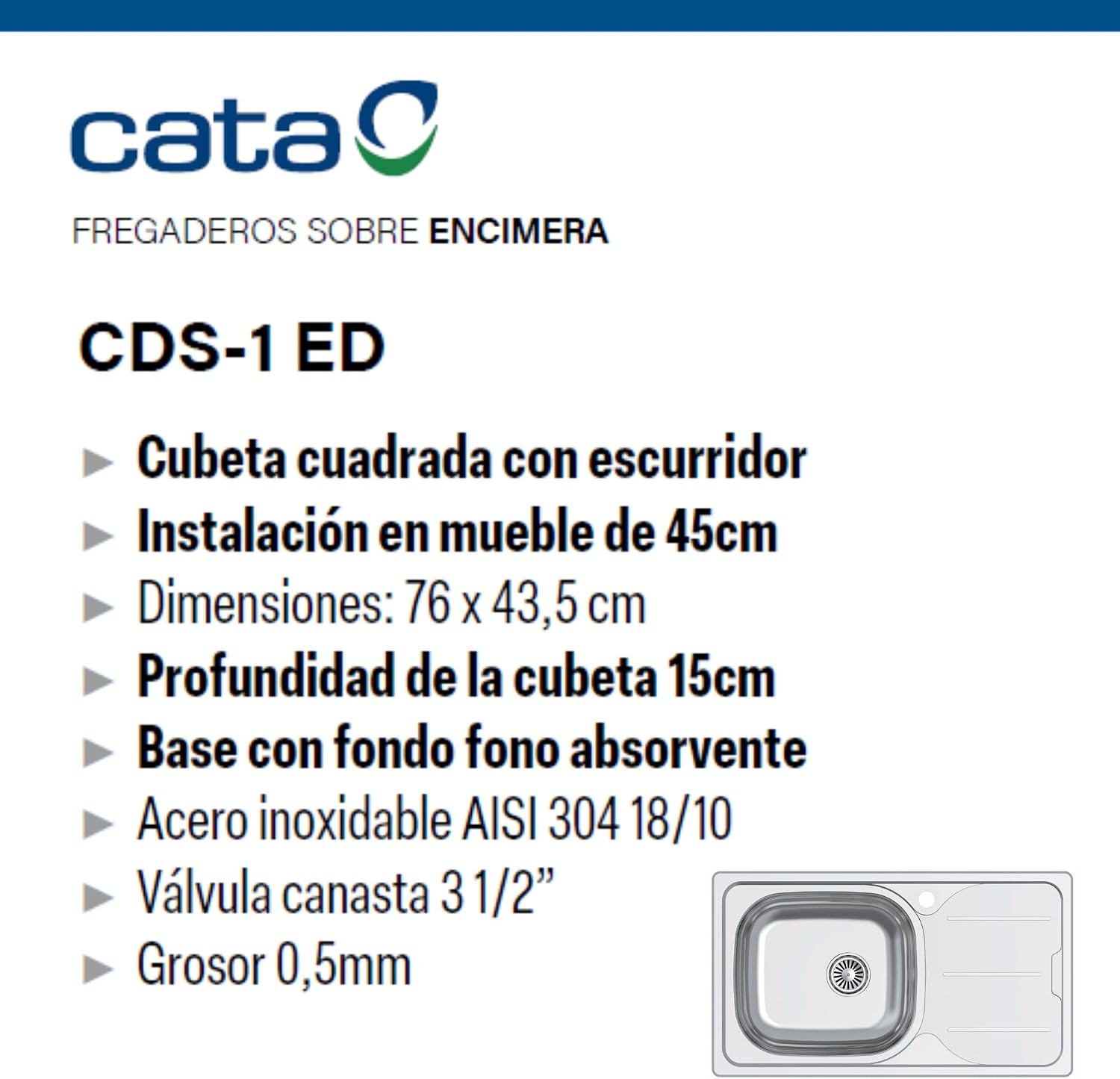 CATA CDS-1 ED/A Sink Square Dish Drainer Furniture 45cm Absorbent Base Stainless Steel Basket Valve Stainless Steel Finish