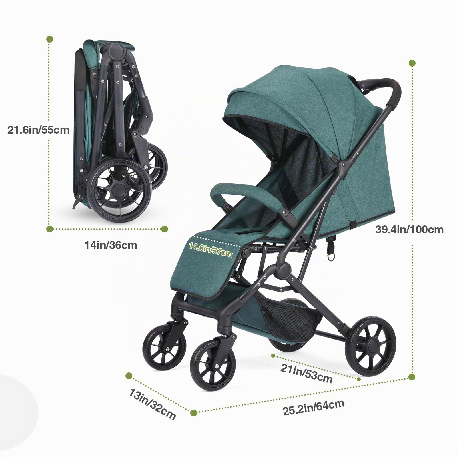 Faltbar Kinder-Buggy Kinderwagen, Regulierbarer 5-Punkt-Sicherheitsgurt, Zusammenklappen mit einer Hand, großes Verdeck, Robuster alle 4 Räder gedämpft, geräumige Sitz, Einkaufskorb (Dunkelgrün)