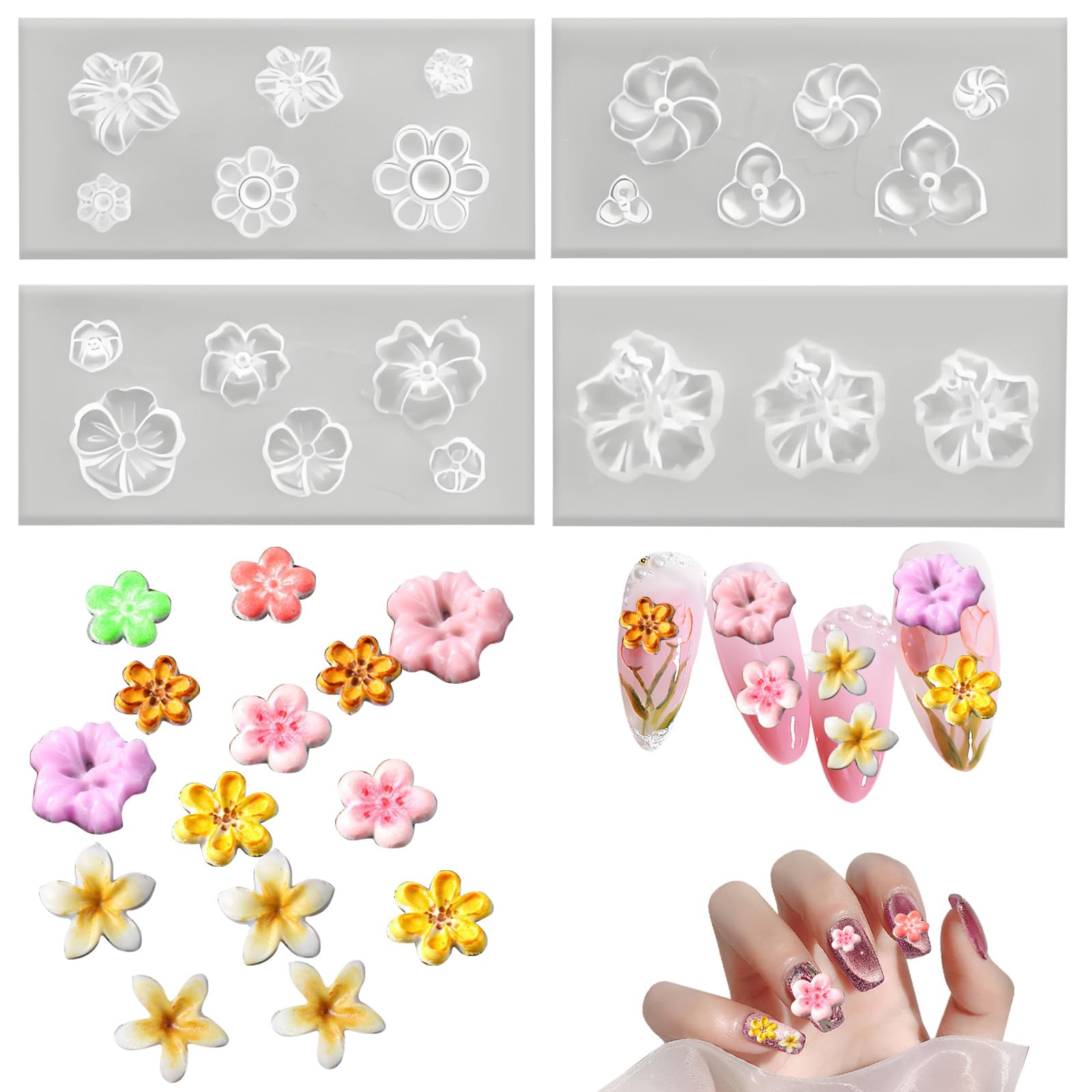 4 stampi in silicone per unghie a forma di fiore, stampi per nail art in gel 3D, stencil floreali, strumenti di design fai da te, accessori per manicure e decorazioni
