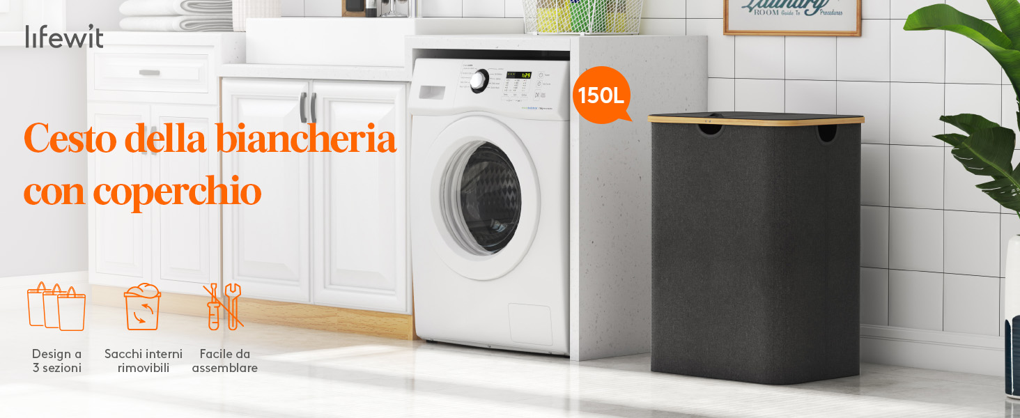 Lifewit Cesto Portabiancheria 150L A 3 Scomparti, Grande Cesta Per Biancheria Con 3 Sacchi Rimovibili, Mobile Per Bucato Per Camera Da Letto, Bagno, Lavanderia, Bianco - 8