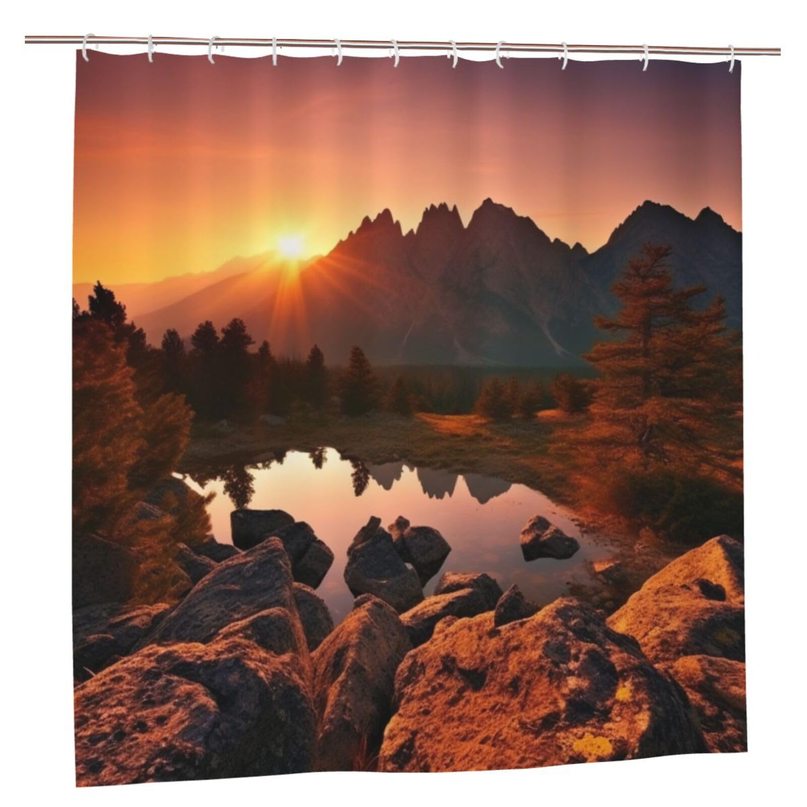 BWWHCCTI Mountain view at sunrise Printed Shower Curtain With 12 Plastic Hooks Opaque Quick Drying Waterproof Shower Curtains Sets For Bathroom 183x183 CM
