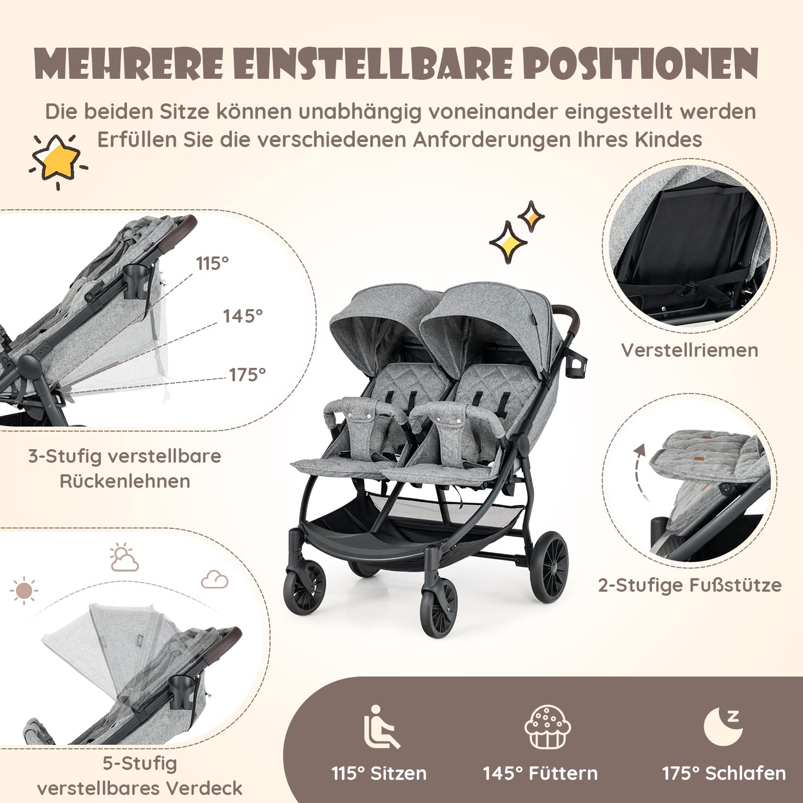 COSTWAY Geschwisterwagen klappbar, Zwillingswagen mit verstellbarer Rückenlehne, Fußstütze & Baldachin, Reisebuggy für Baby bis 3 Jahre (Grau)