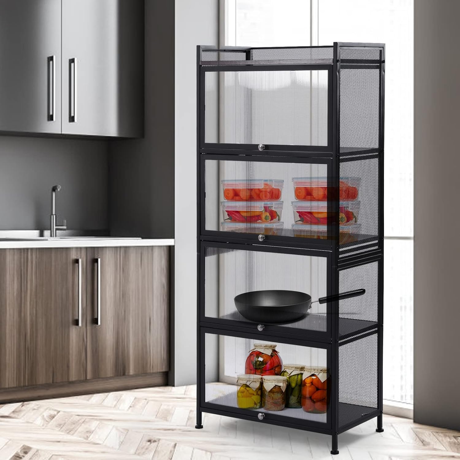 5-Tier Kitchen Rack with 4 Layer Flip Door, KitchenStorage Cabinet Storage Shelf Organizer, for Kitchen, Bedroom, Living Room, Office, Bookshelves, Shoe Racks,Wine Cooler(Black)