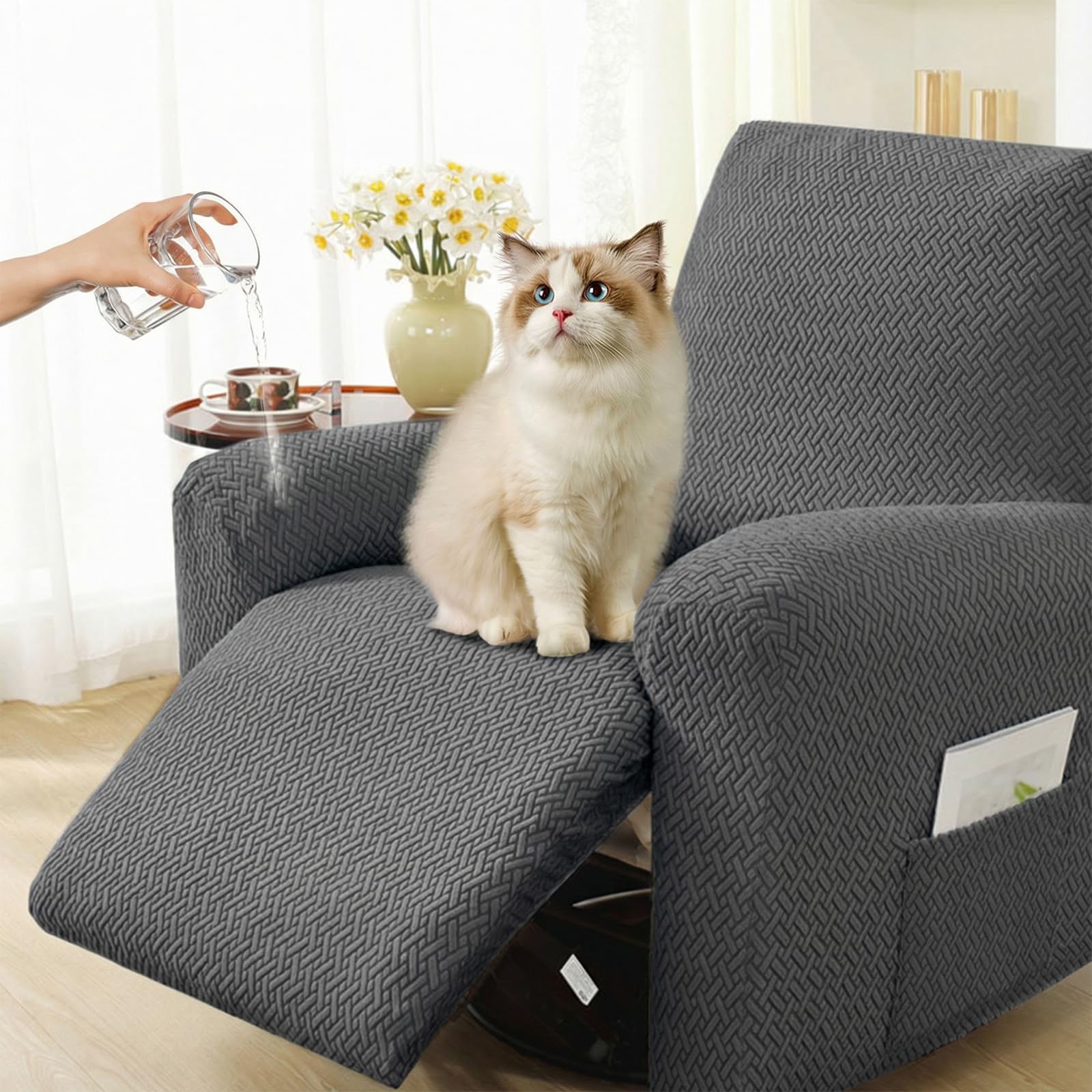 Recliner Chair Cover, 1 Seater Stretch Armchair Covers with Pockets, Jacquard Plush Stretch Recliner Slipcover Fitted Recliner Chair Cover Armchairs,Washable Non Slip Sofa Slipc for Dogs Pets (Grey)