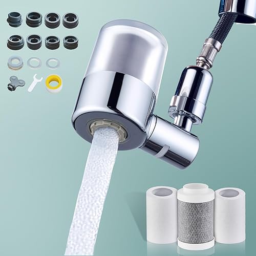 ATQ Filtro de agua para grifo de fregadero con 3 filtros de repuesto que reduce el cloro, plomo, rotación de 720, 2 modos, filtro de grifo para