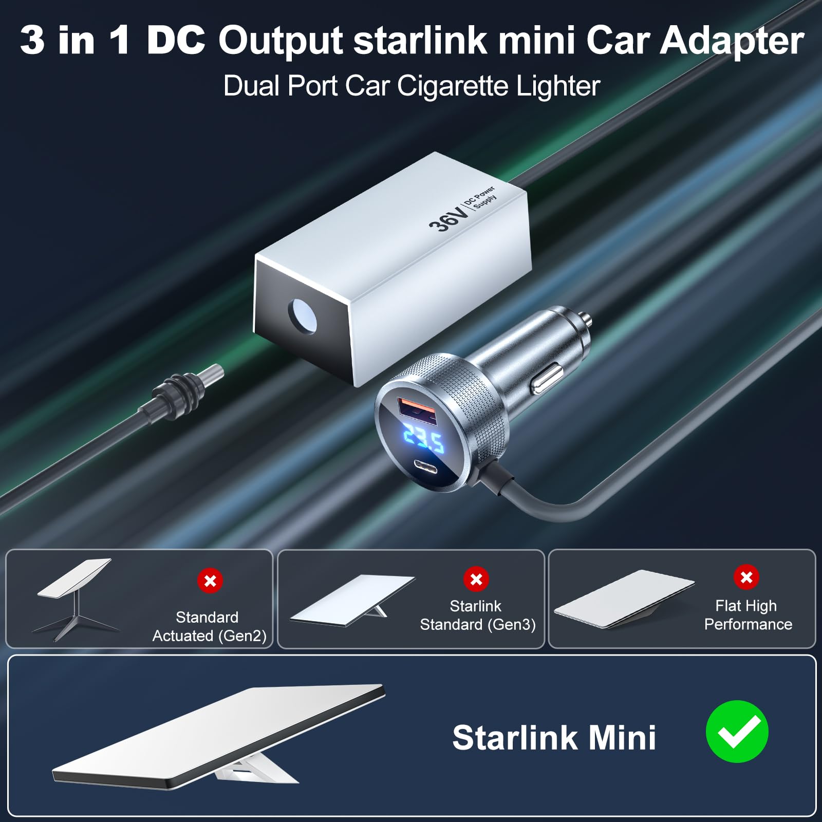 Starlink Mini adattatore per auto, caricabatterie da auto 12 V/24 a 36 V, convertitore step-up Starlink, mini accessori, 1 m, mini adattatore accendisigari per camper, camion/camper, auto, USB-C 45 W