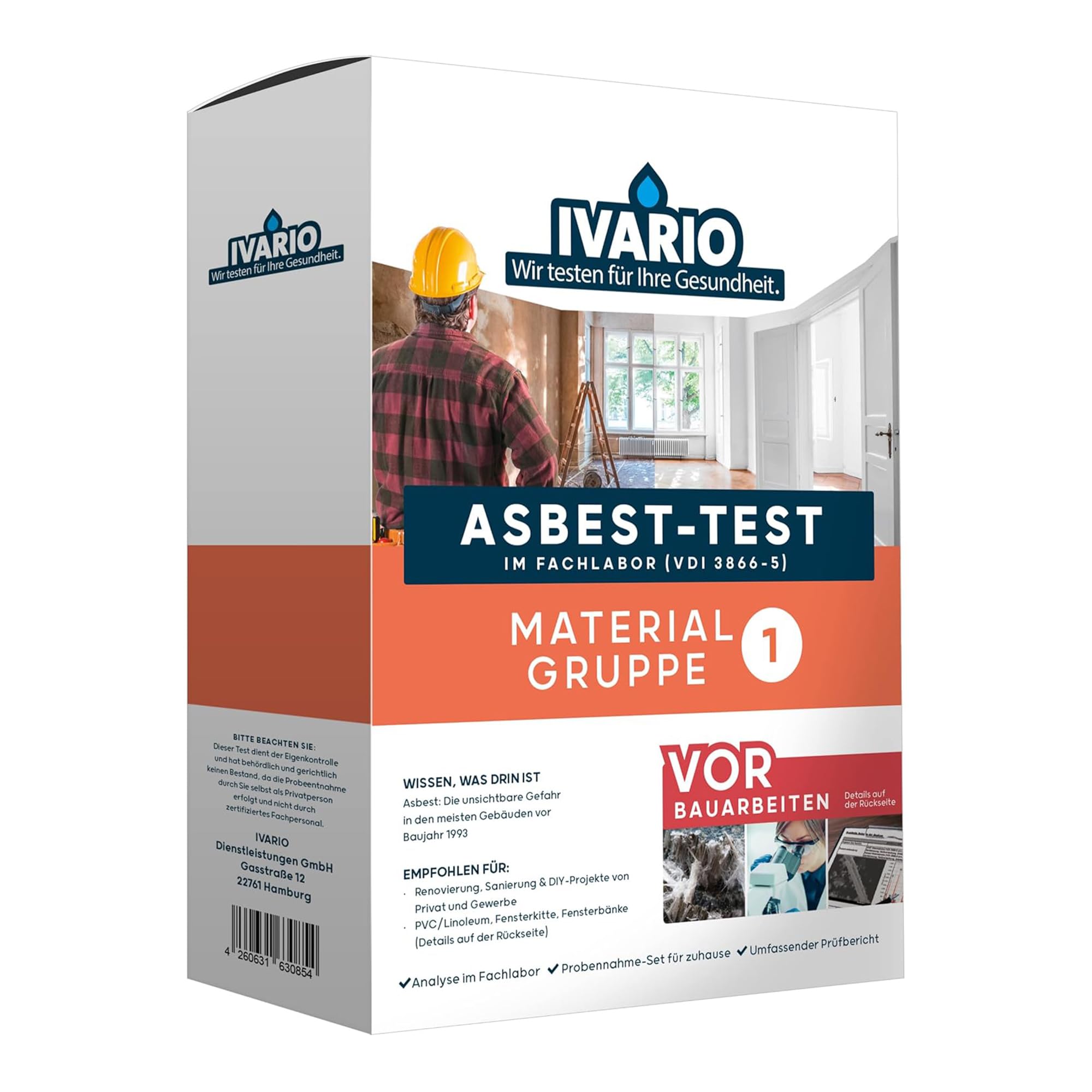 IVARIO Asbest-Test für Dämmplatten, Eternit, Linoleum, Fensterkitt, Zement, PVC, Dichtungen, Bitumenkleber, Cushion-Vinyl