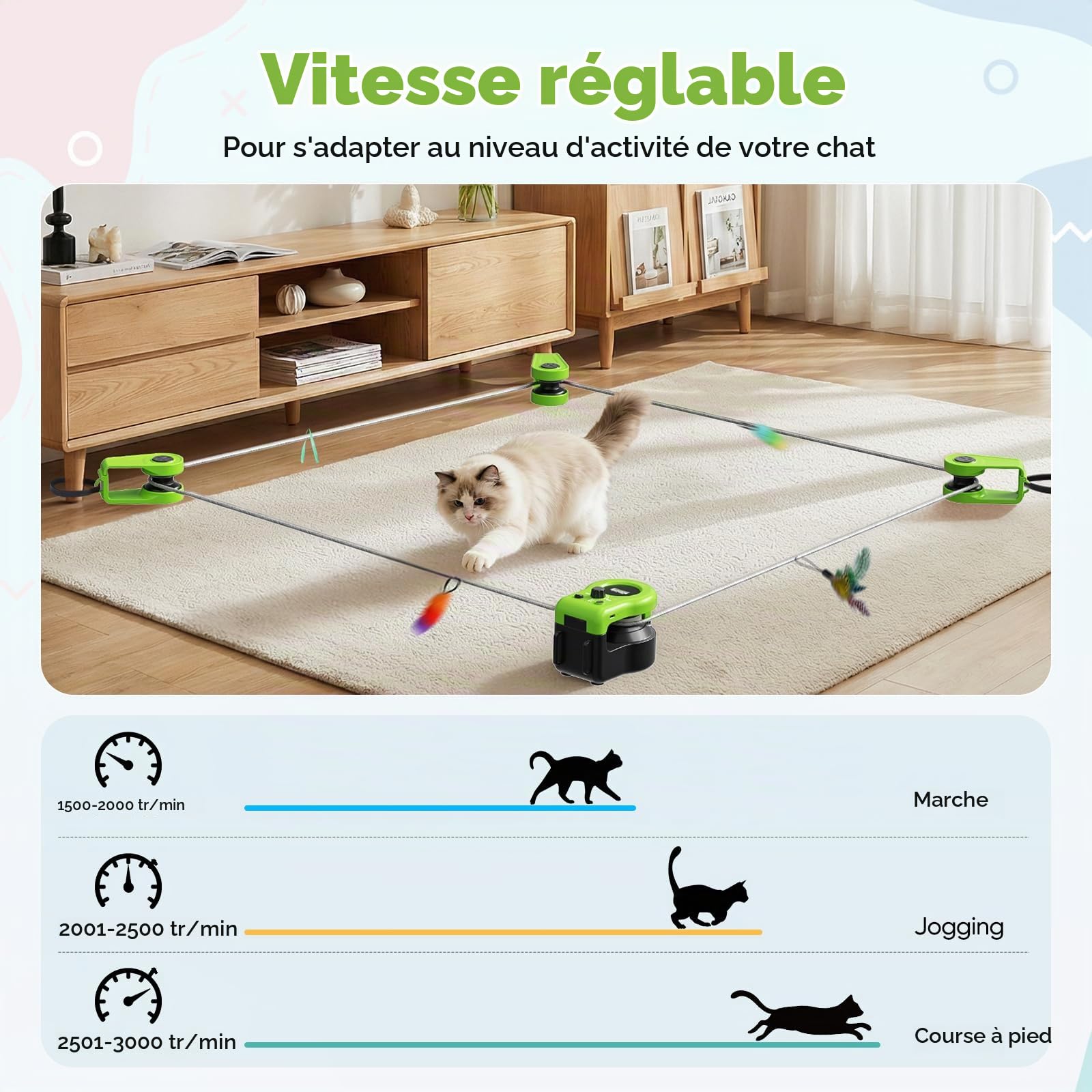Jouet pour Chat d'Intérieur, Nouveau Tapis de Course pour Chats, Jouets pour Chats avec Commande Automatique/Télécommande et Vitesse Réglable, Jeu de Poursuite, DIY Parcours Personnalisable (Vert)