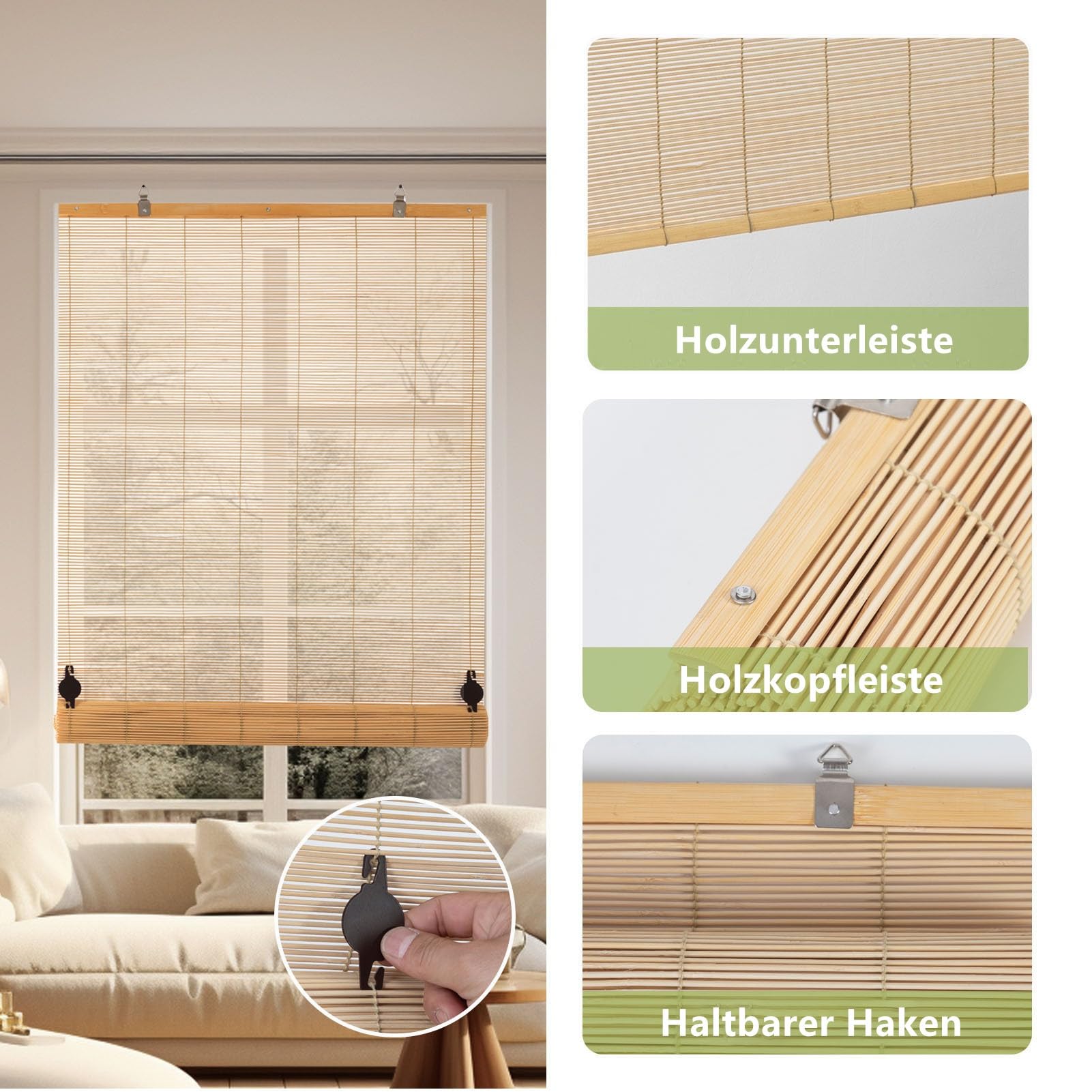 Bambusrollo - Innenrollo Holzrollo für Fenster/Türen, Sonnenschutz und Sichtschutz (Natur,120 x 250 cm)